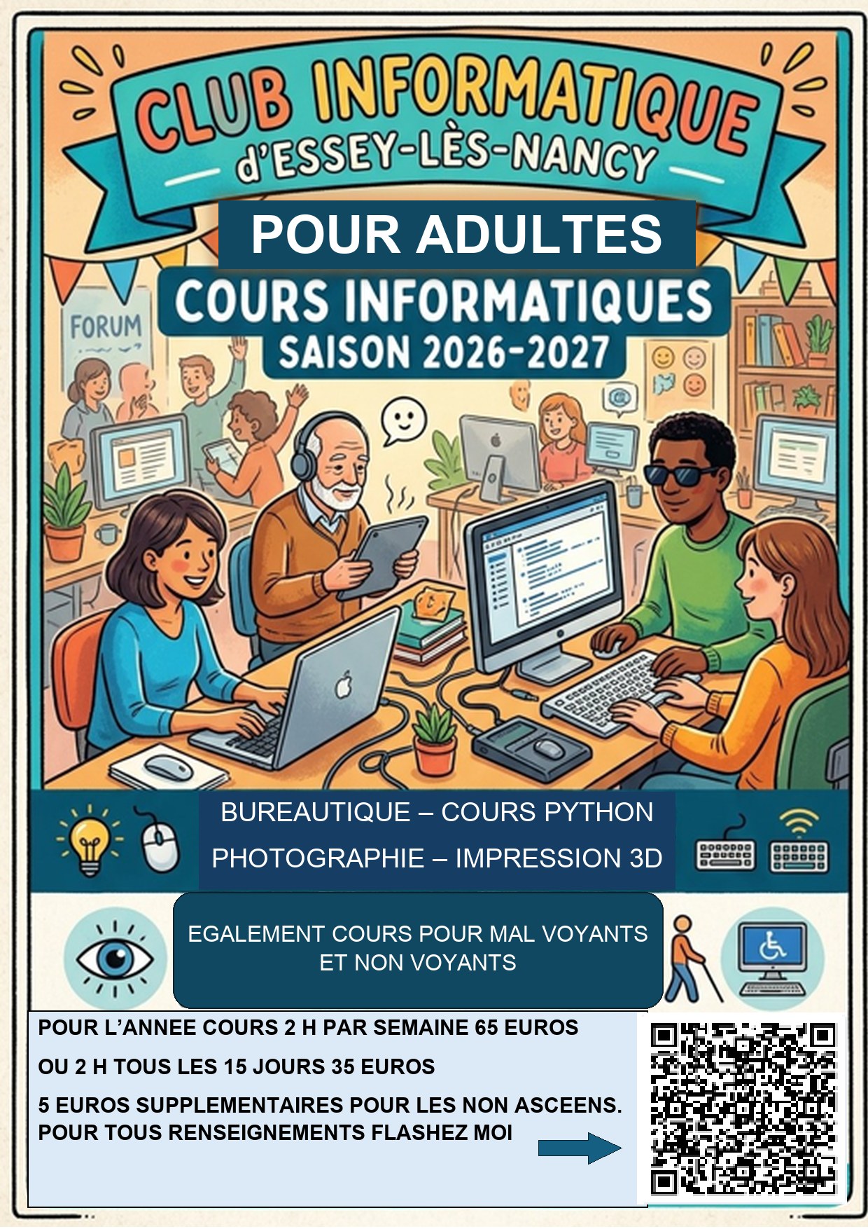 Affiche des cours informatiques pour adultes, saison 2026-2027, avec les tarifs et le QR code
