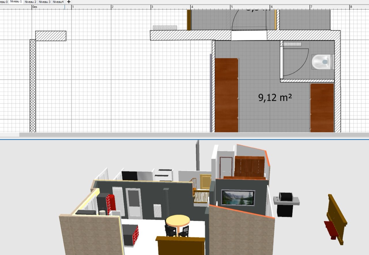 Plan et rendu 3D d'un projet réalisé avec Sweet Home 3D par un adhérent