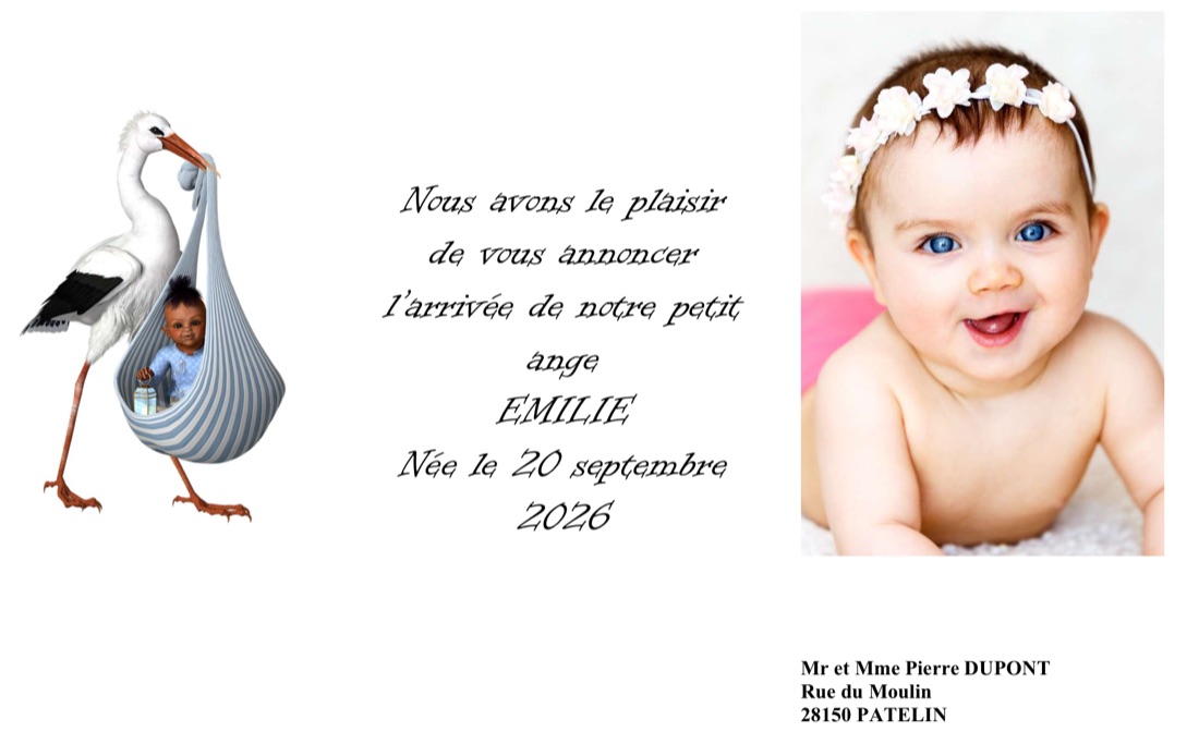 Faire-part de naissance réalisé avec Word
